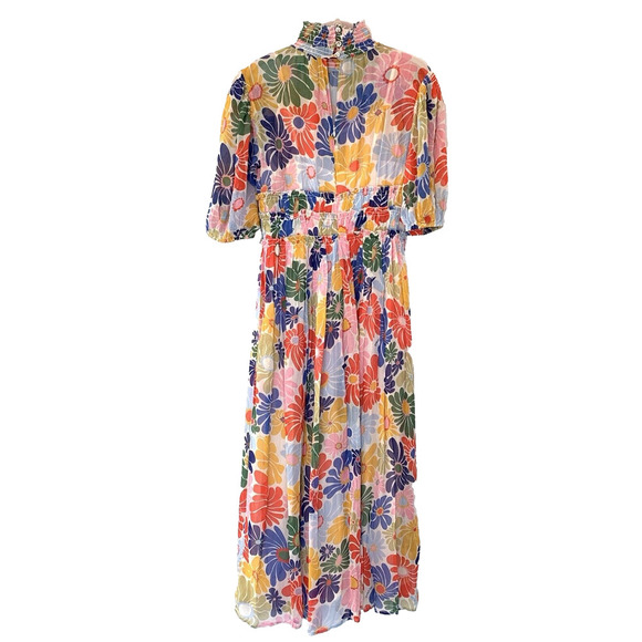 FARM RIO Sunny Daisies Maxi Dress XS Sand Boho Smocked Anthropologie Floral EUC - Picture 2 of 11